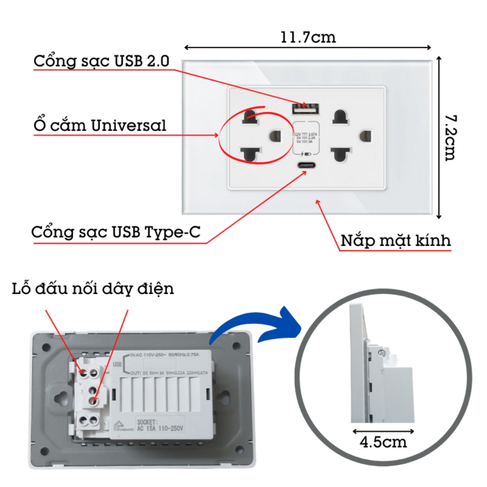 Ổ cắm USB âm tường Homematic hỗ trợ sạc nhanh mặt kính cao cấp