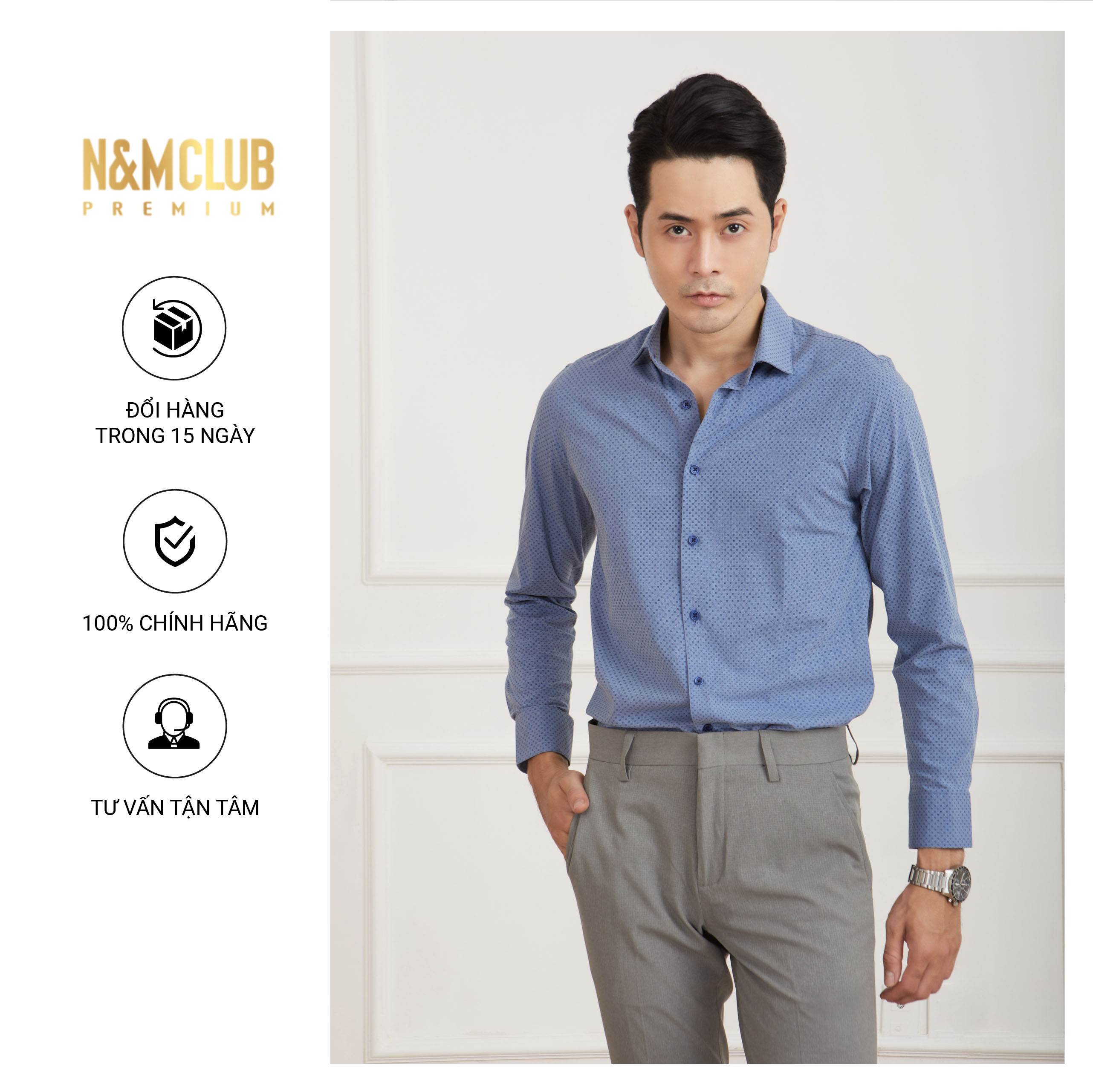 N&amp;M CLUB Áo Sơ Mi Nam Tay Dài họa tiết chấm bi chất liệu vải vải sợi tre Bamboo 2105040