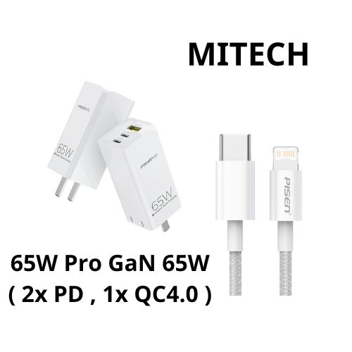 Combo Củ sạc nhanh 65W Pro GaN 65W ( 2x PD , 1x QC4.0 ) - 3 cổng sạc Smart + Cáp sạc PISEN dành cho iPhone ZY QUICK - PD (C to L ) 20W ZY-CL-PD01-1200 - Hàng chính hãng