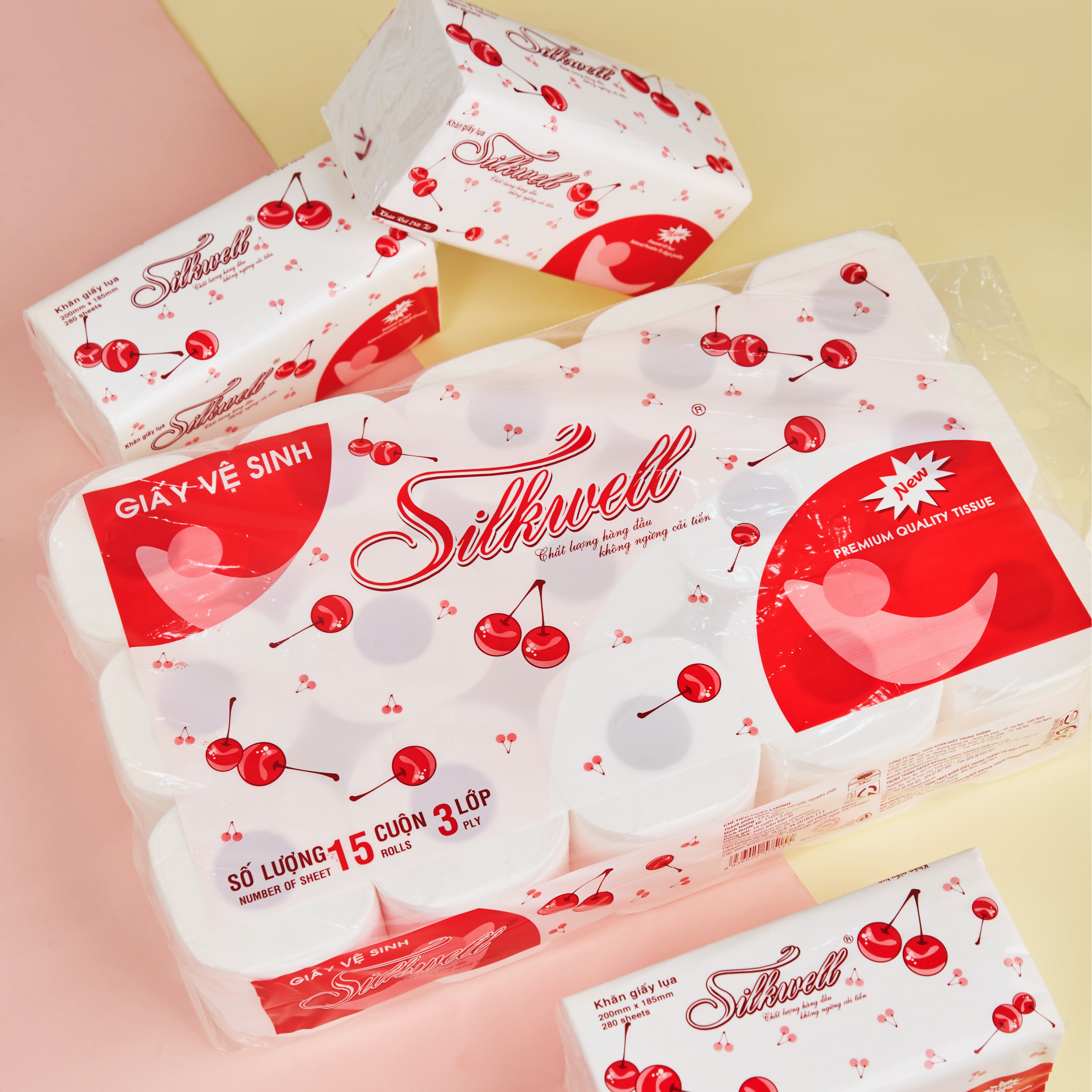 Giấy vệ sinh Silkwell Cherry 15 cuộn 3 lớp có lõi cao cấp, giấy vệ sinh siêu mềm mịn không tẩy trắng hàng chính hãng