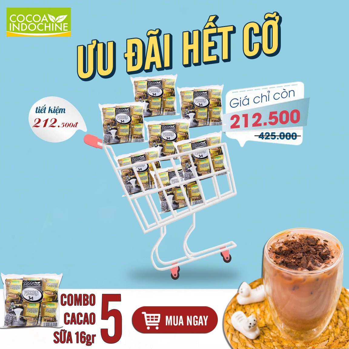 Combo 5 Túi Bột Ca Cao Passion 3 in 1 CoCoa Indochine - MUA 3 TẶNG 1