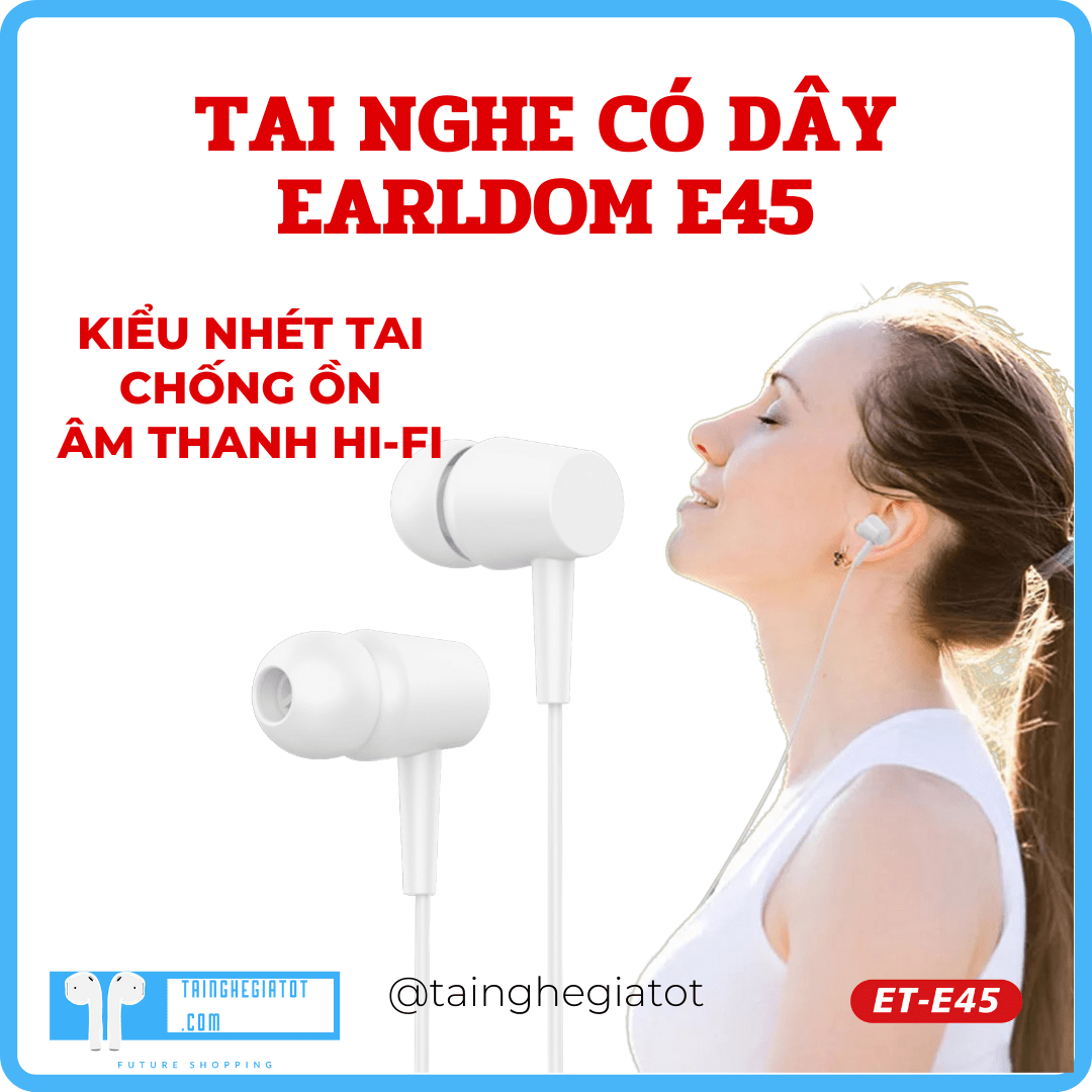 Tai nghe nhét tai có dây Earldom E45 jack 3.5 chống ồn dây dài 120cm Hàng Chính Hãng