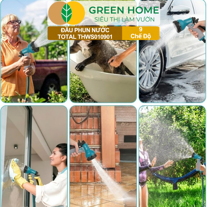 Đầu Phun Nước Total THWS010901 GreenHome, 9 Chế Độ Phun Linh Hoạt,Chất Liệu ABS, Tay Cầm Chống Trượt
