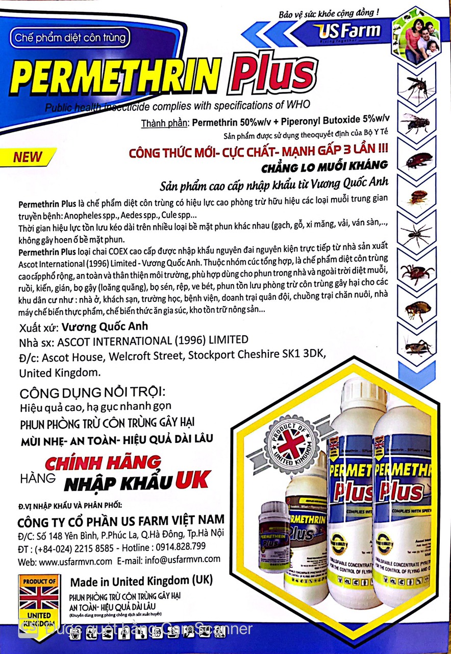 Thuốc diệt muỗi và côn trùng Permethrin Plus 50EC chai 1 lít tác dụng mạnh với ruồi, muỗi, kiến, gián...