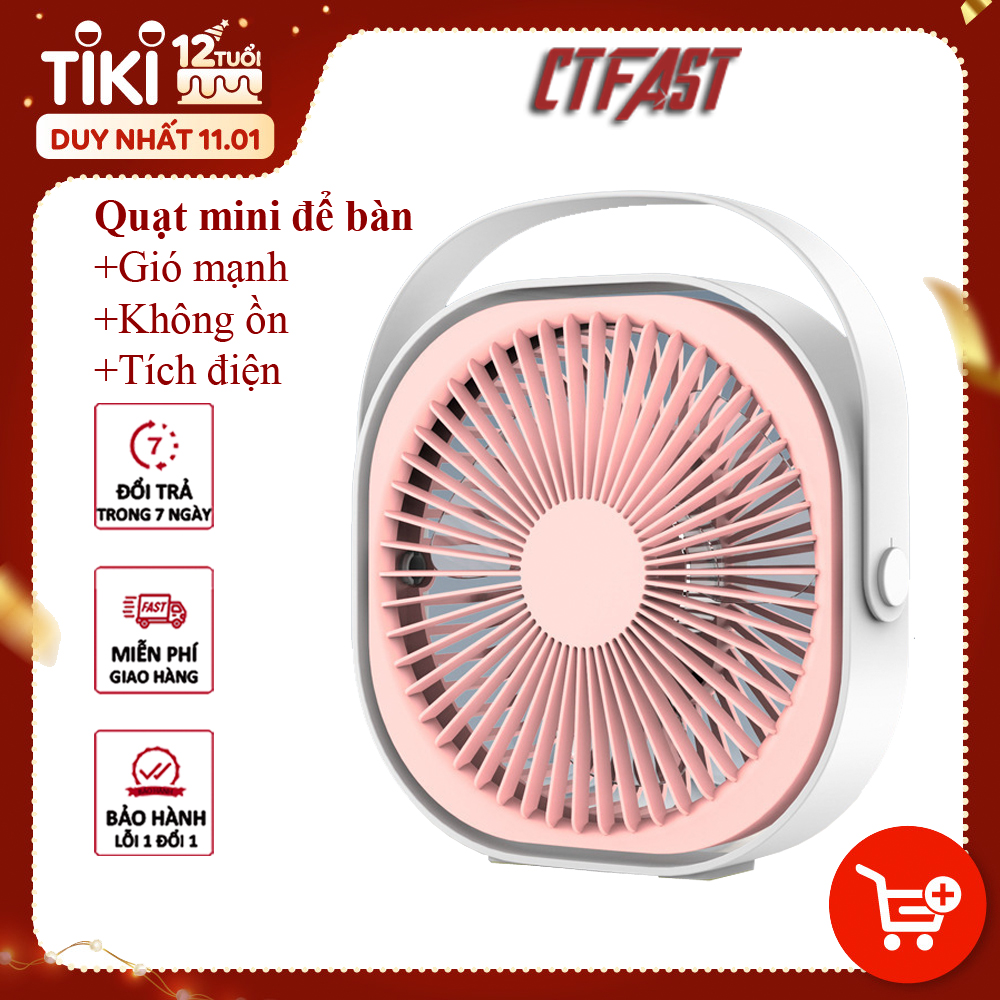 Quạt mini để bàn, quạt tích điện usb CTFAST M102 - Quạt cầm tay 3 tốc độ, điều chỉnh hướng gió 360 độ, không gây ồn, pin sạc dung lượng cao - hàng chính hãng