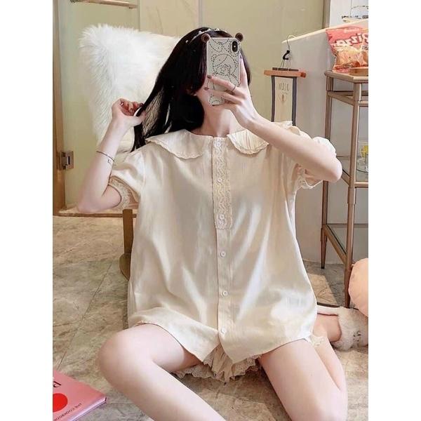 Set đồ bộ cổ sen bèo ren màu nude