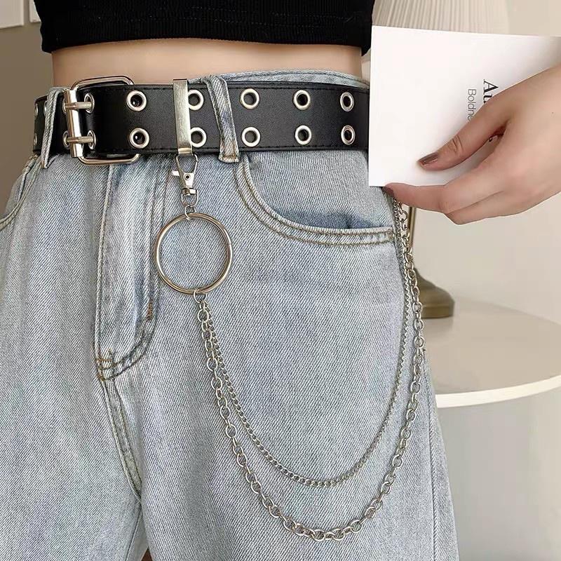 Thắt Lưng Da Nam Nữ Dây nịt CHAIN xích - Thắt lưng nữ nam 2 hàng bản to khoen Chain xích Thắt lưng dây xích treo quần