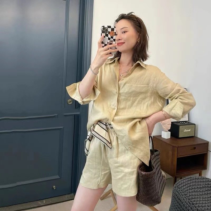 Set áo sơ mi + quần short ống rộng nữ chất liệu Linen siêu mát, set màu be tôn da không kén dáng BV05