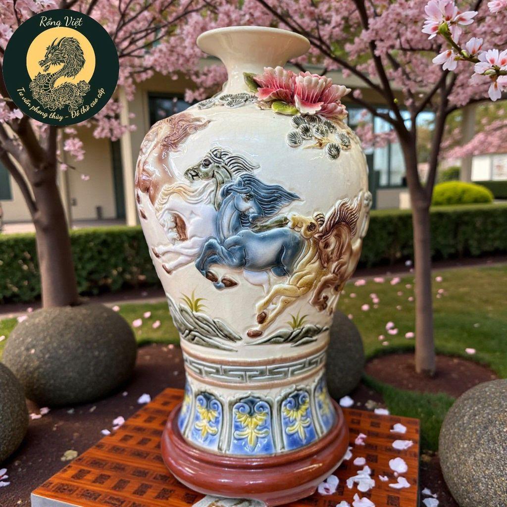 [TẶNG ĐẾ] Mai bình hút lộc RỒNG VIỆT  Mã Đáo Thành Công - Bình hút lộc gốm bát tràng Bát Mã đắp nổi