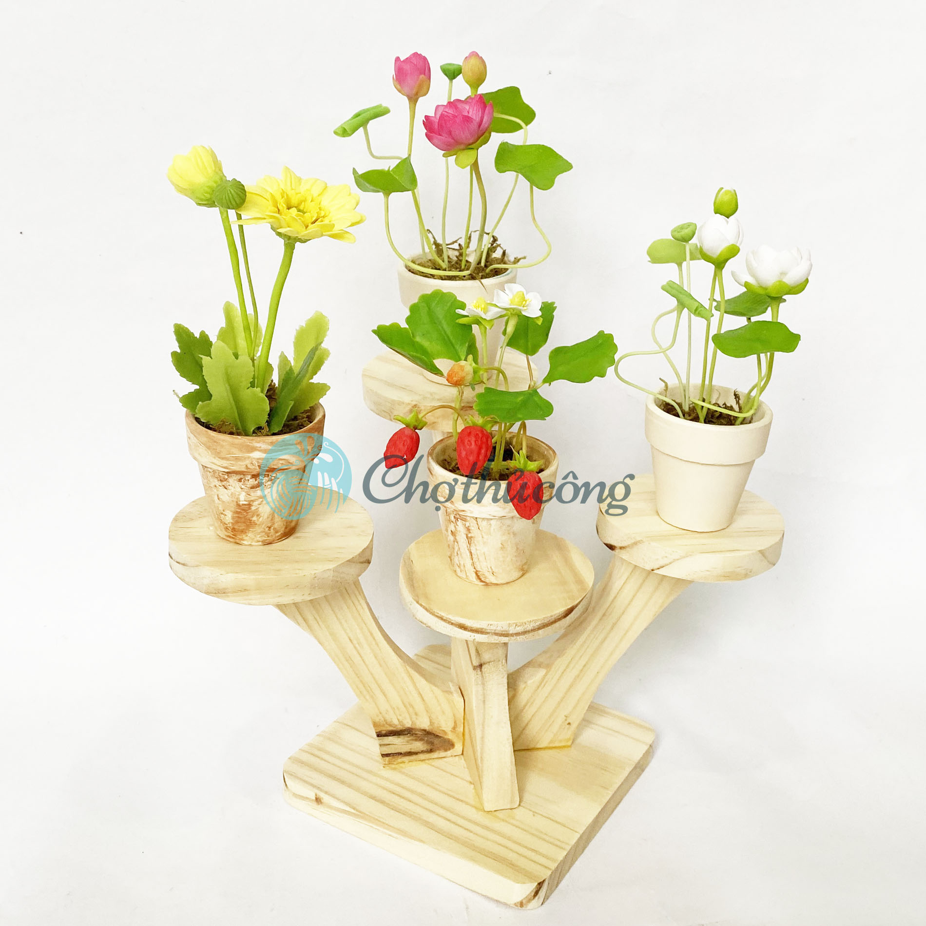 Kệ trang trí để mô hình gỗ tự nhiên, kệ gỗ decor mini để bàn 4 tầng để tượng chú tiểu mini, kệ sen đá decor trang trí