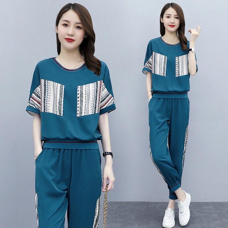 Bộ nữ phối màu áo cộc quần dài bo đai cực đẹp
