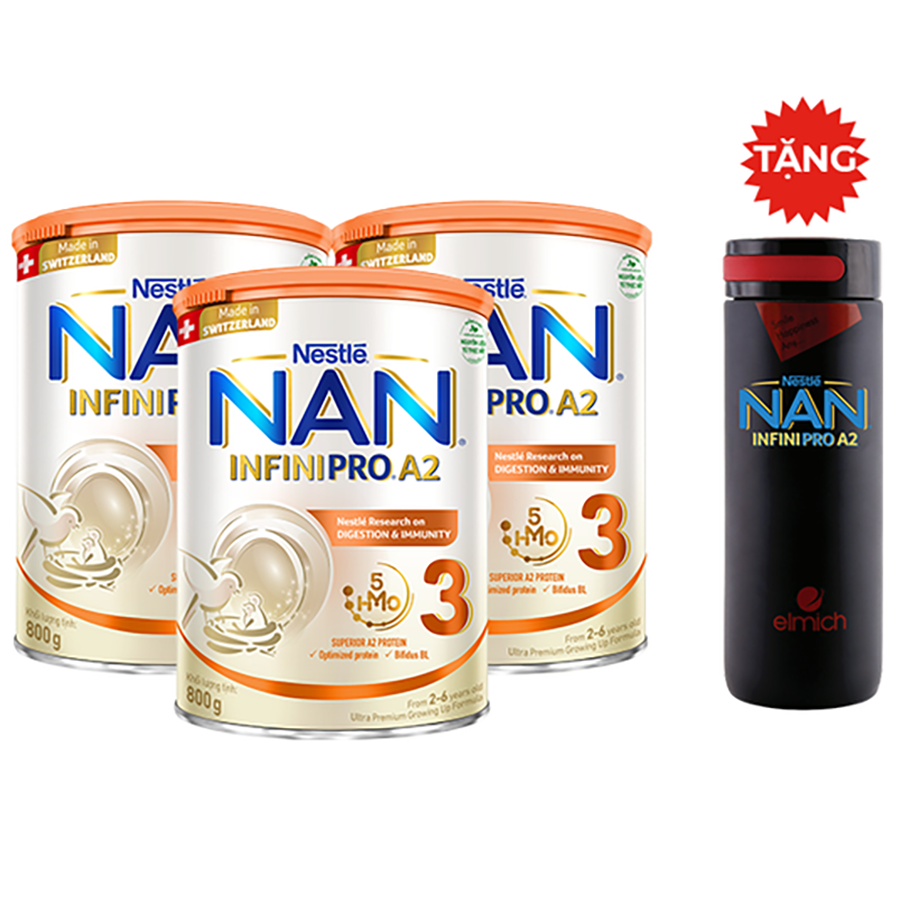 Combo 3 lon Sữa bột Nestlé NAN INFINIPRO A2 3 cho trẻ từ 2-6 tuổi hộp 800g + Tặng Bình giữ nhiệt Elimech