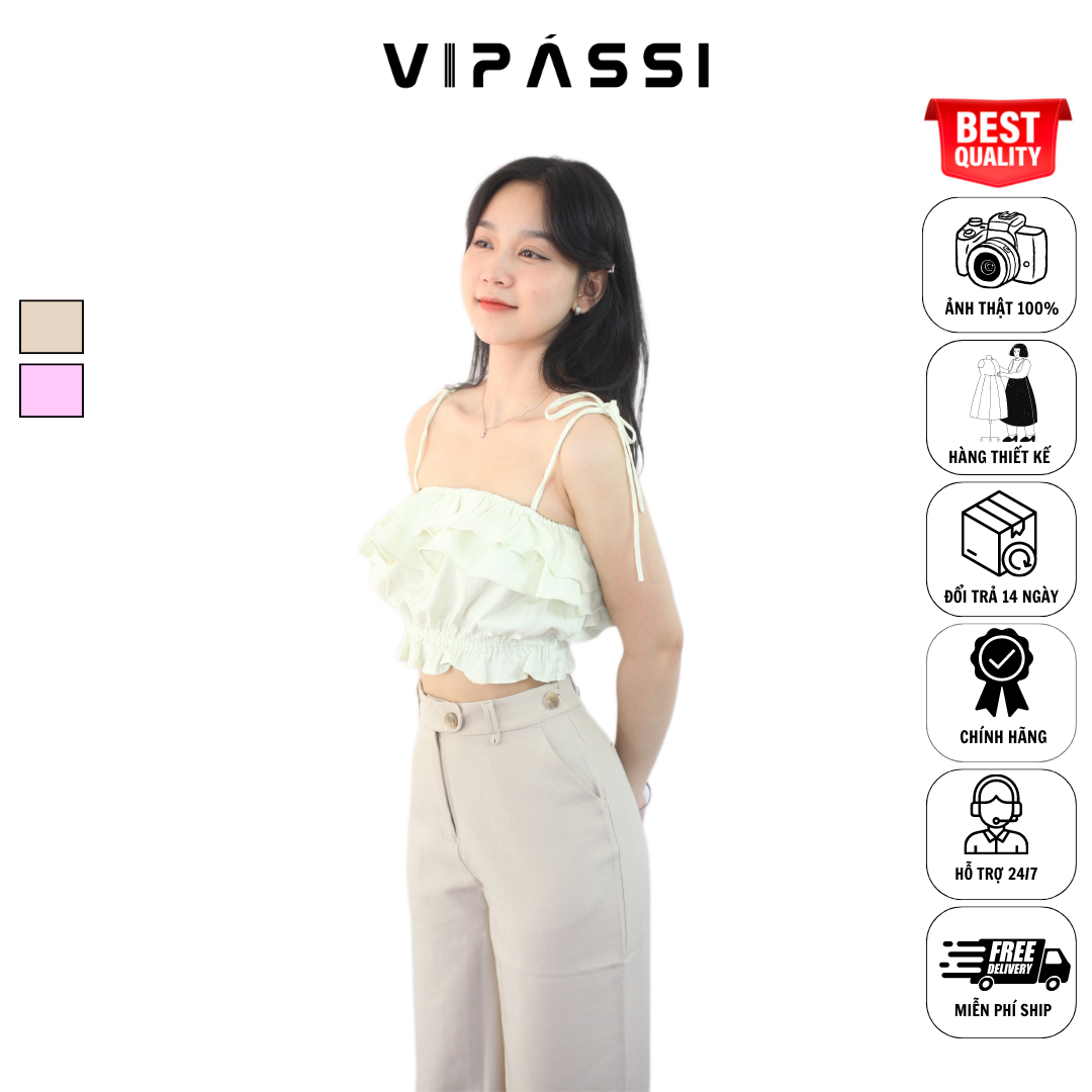 VIPÁSSI - Quần Tây Dài Dáng Suông Loe Nhẹ Khóa Kéo Lưng Cao Họa Tiết Quai Dê Ngắn