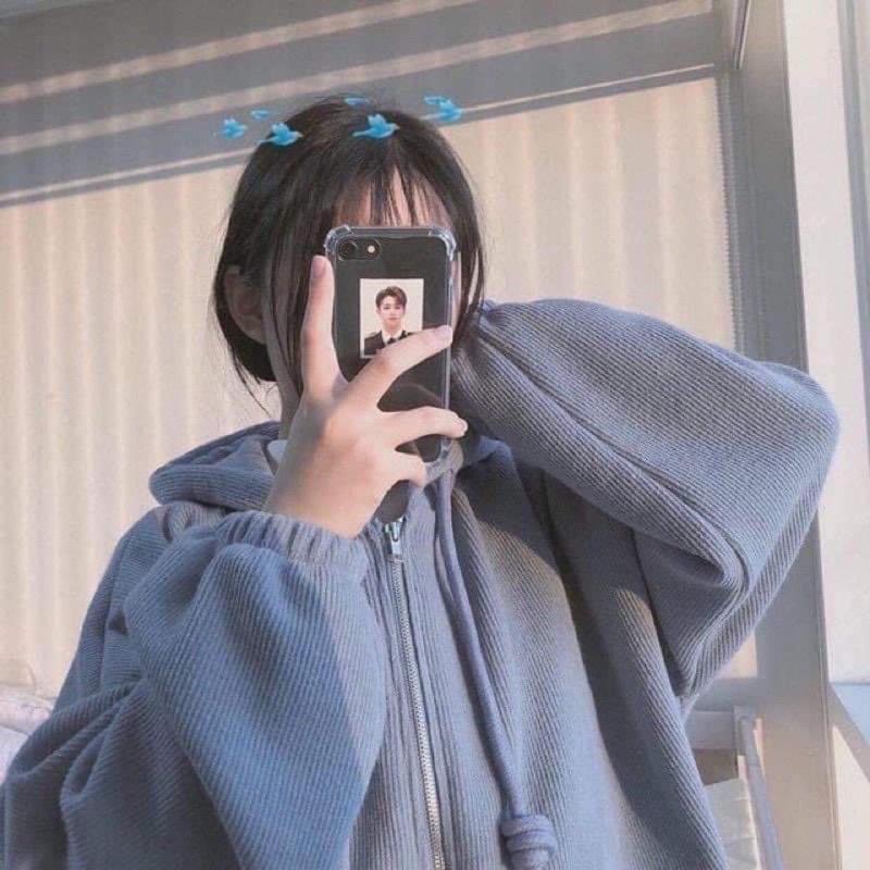 Áo Khoác Hoodie Nỉ Unisex Áo tay bồng khóa kéo có mũ ulzzang màu Xanh | Xám nam nữ HOT