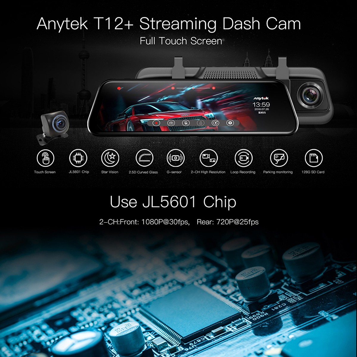 Camera Hành Trình Gương Anytek T12+ Full HD Màn Hình 9,7 icnh - Hàng Nhập Khẩu