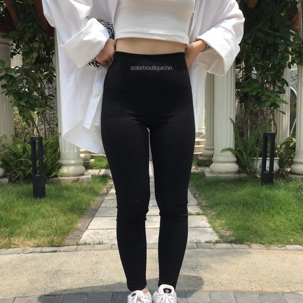 Quần legging biker dài màu đen trơn cạp cao tập gym, yoga co dãn