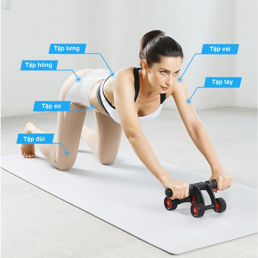 Con lăn tập cơ bụng - Con lăn tập bụng 4 bánh tặng kèm thảm tập - Chính hãng dododios