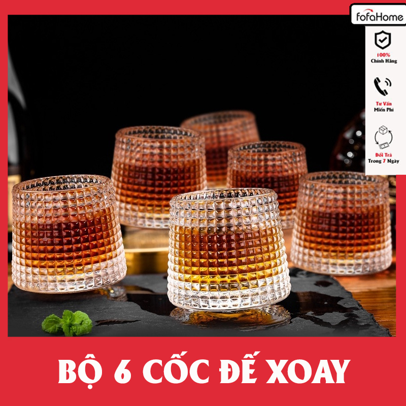 Bộ 6 Cốc Thuỷ Tinh, Ly Thuỷ Tinh Đế Lồi Xoay 360 Độ Cao Cấp Nhiều Họa Tiết Sang Trọng