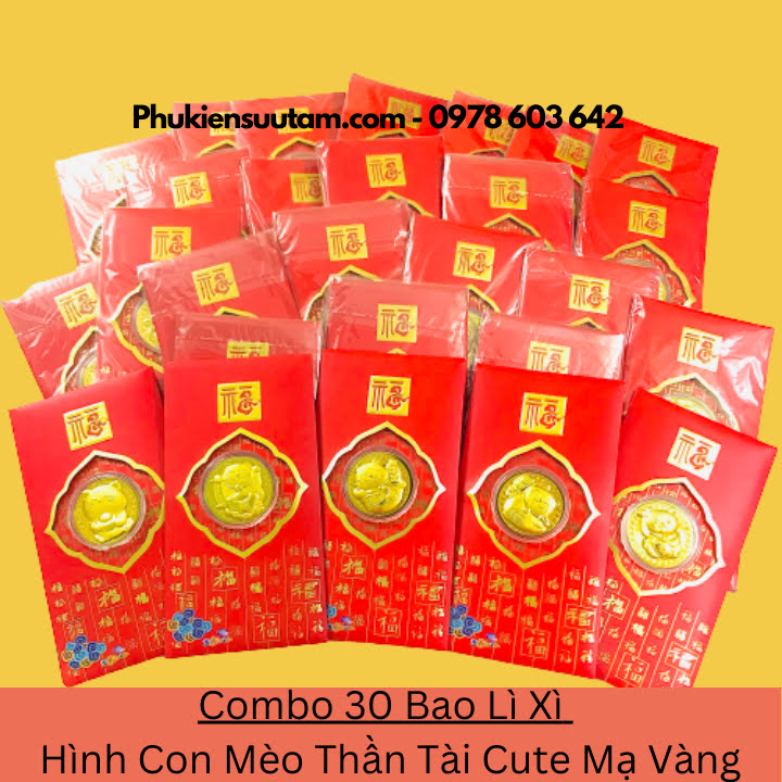 Combo 30 Bao Lì Xì Hình Con Mèo Thần Tài Cute Mạ Vàng, kích thước: 17cmx9cm, màu đỏ - SP005928