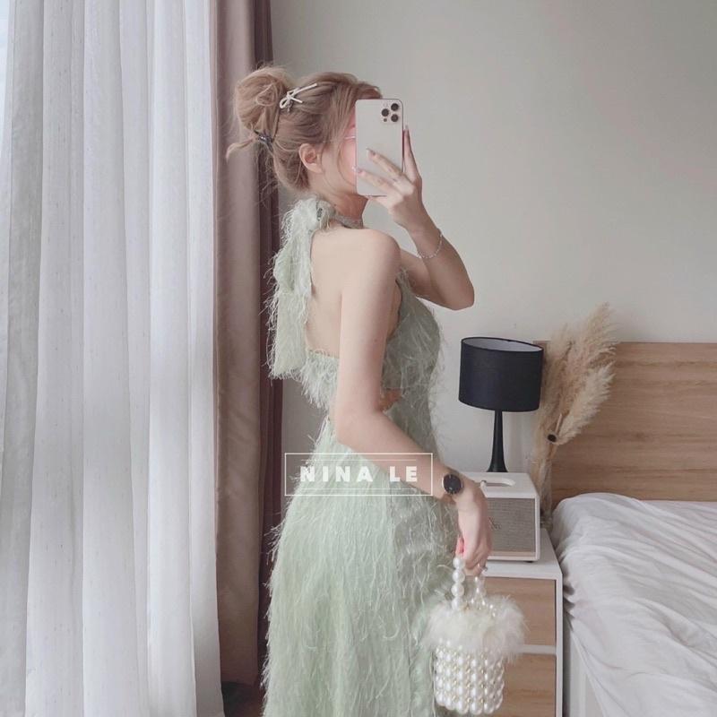 Đầm maxi lông vũ cổ yếm cột nơ xanh đen