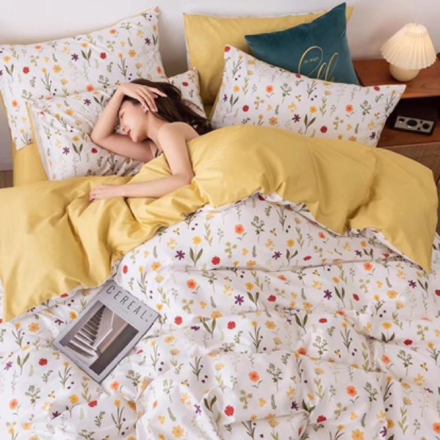Set Cotton Living Hàn Quốc Hàng Nhập Khẩu Cao Cấp 4 Món Hoa tuylip vàng và thú