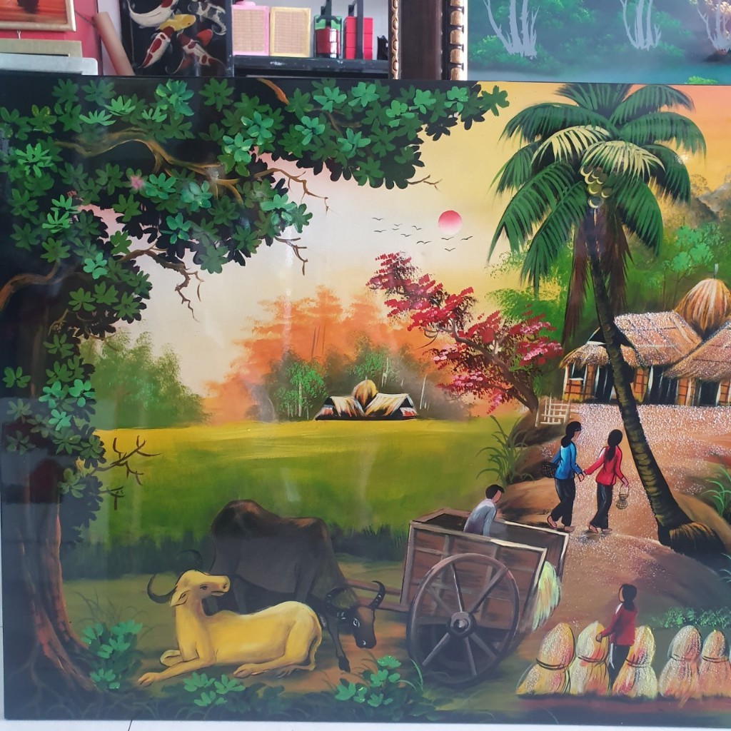 Tranh sơn mài đồng quê vẽ màu đẹp Thanh Bình Lê, hàng xuất khẩu cao cấp loại 1 size 60x120 cm
