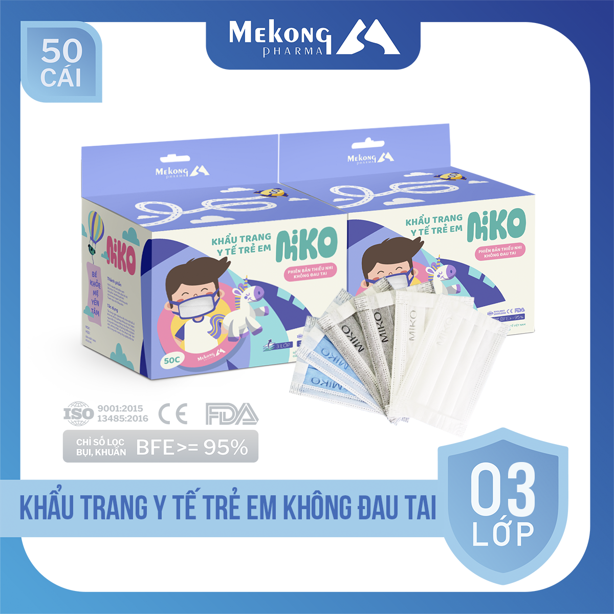 Combo 2 hộp Khẩu trang y tế trẻ em Miko cao cấp, có dây đeo mềm không đau tai