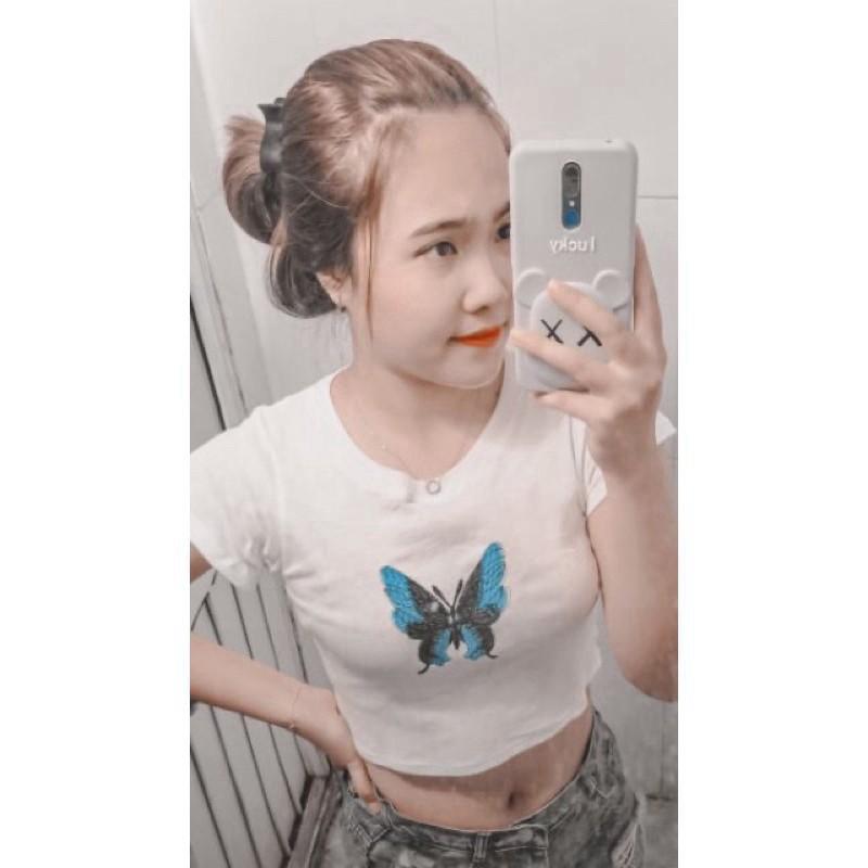 Áo Croptop tay ngắn thêu hình bướm siêu xinh