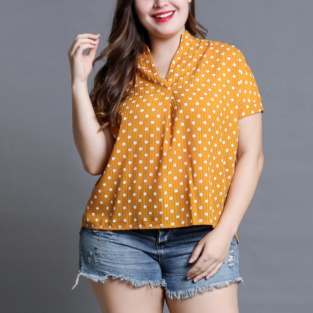 Womens Plus Size Polka Dot Short Sleeve Stand Collar V Neck Flare T-Shirt Yellow
