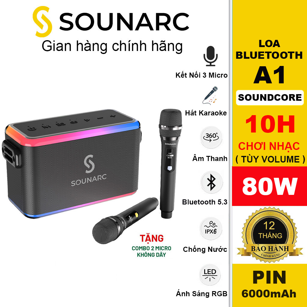 Loa Karaoke Bluetooth SOUNARC A1 + 2 Micro Không Dây, Công suất 80W, Loa di động Chống Nước IPX6 - Hàng chính hãng