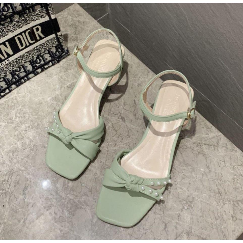 Giày sandal cao gót nữ dây xoắn đính ngọc phong cách Hàn Quốc công sở cá tính nữ tính đế 5cm - Mã S64