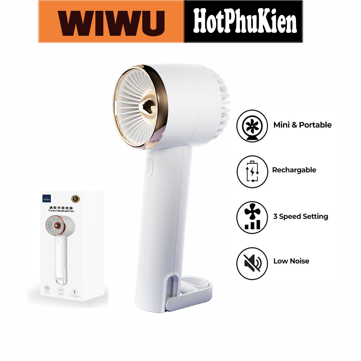 Quạt fan cầm tay 2 in 1 kiêm quạt để bàn hiệu WIWU Turbo Mini Fan F303 - cơ chế Turbo mạnh mẽ, 3 mức tốc độ gió, thời gian hoạt động lên lên đến 8h, hoạt động êm ái không tiếng ồn - Hàng nhập khẩu