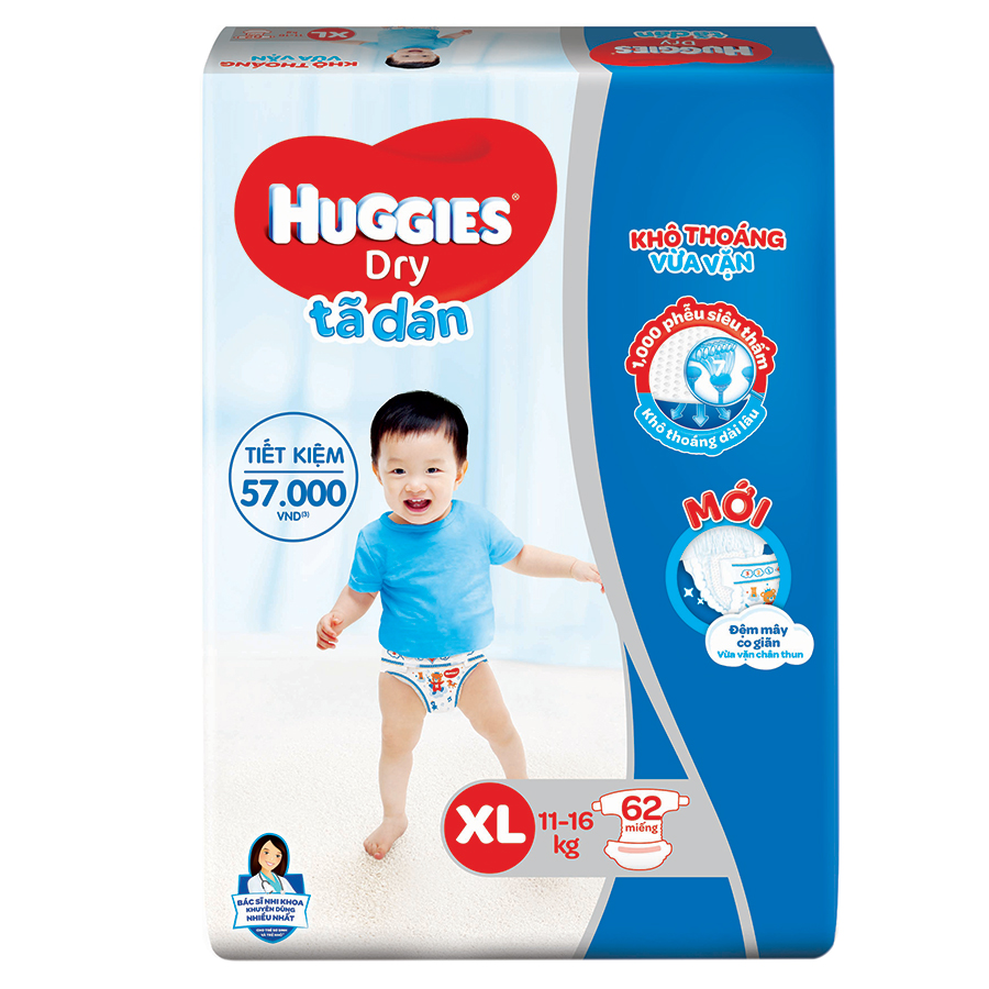 Tã Dán Huggies Dry Gói Cực Đại XL62 (62 Miếng) - Bao Bì Mới