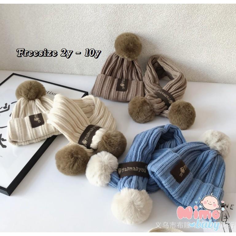 Set khăn mũ len trẻ em đính bông lớn len sọc dọc
