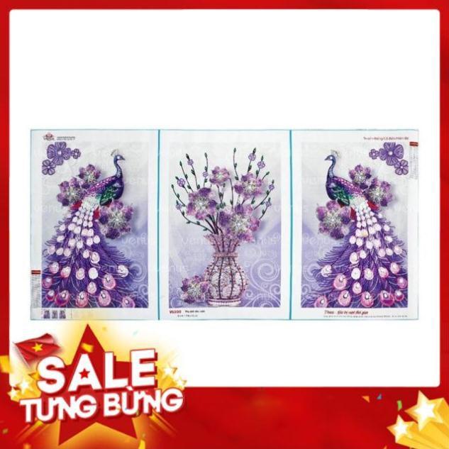 Tranh ĐÍNH ĐÁ Bộ 3 công và bình hoa tím VS500
