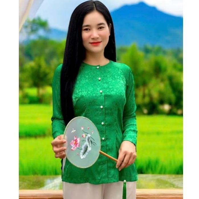 Set bộ bà ba nữ Tết gấm cổ tròn đủ màu đủ size - Xanh dương quần đen