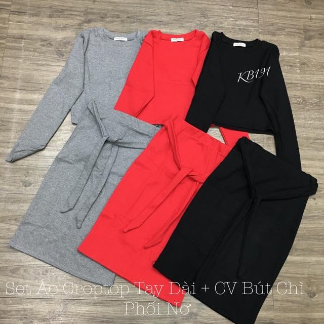 Set Áo Croptop Tay Dài + Chân Váy Bút Chì Phối Nơ