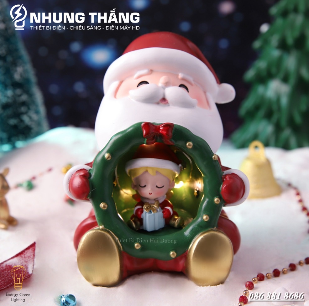 Quà Tặng Giáng Sinh - Đèn Ngủ Hình Ông Già Noel Ôm Cô Bé,Cậu Bé Siêu Dễ Thương 2109-3A - Trang Trí Giáng Sinh - Dùng Pin