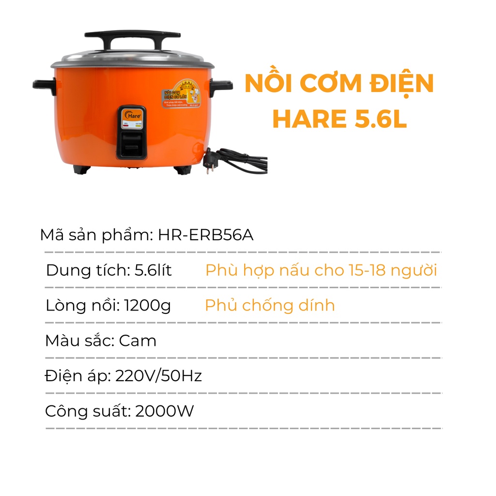 Nồi cơm điện HR-ERB56A(5.6L) chống dính -hàng chính hãng thương hiệu Hare - bảo hành 12 tháng