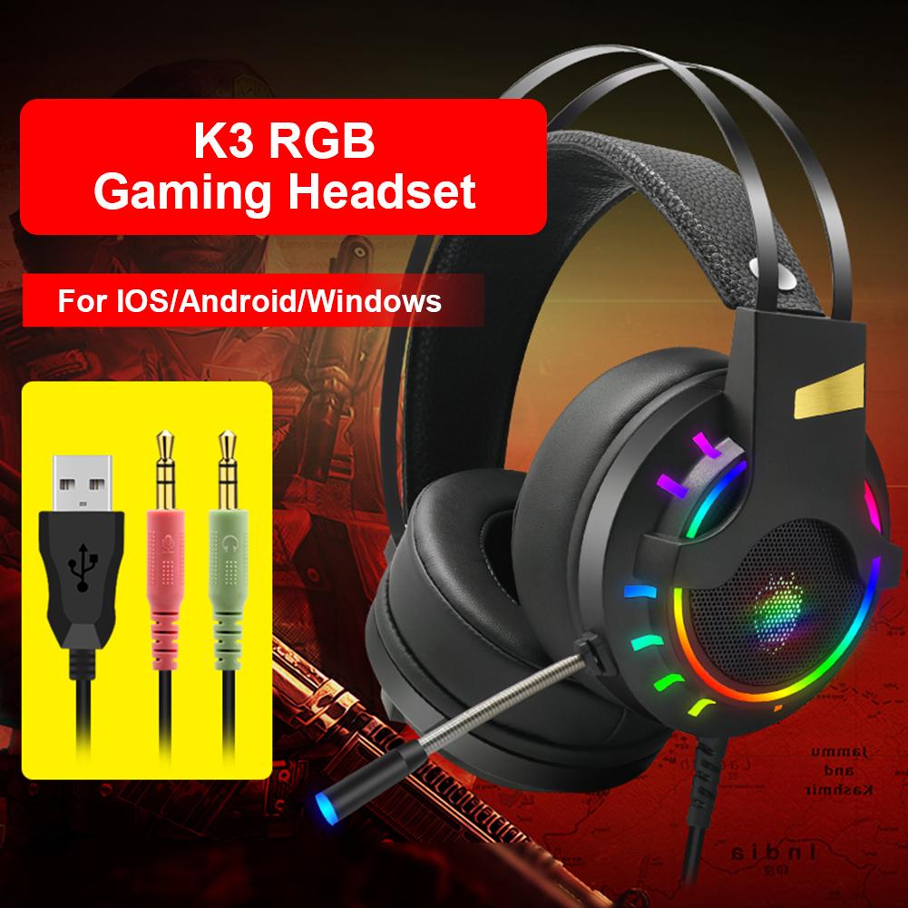 Dây Đai Có Thể Điều Chỉnh Cho Máy Tính K3 3.5Mm USB 7.1 Có Dây Tai Nghe Chơi Game RGB Tai Nghe Over-Ear Kèm Micro