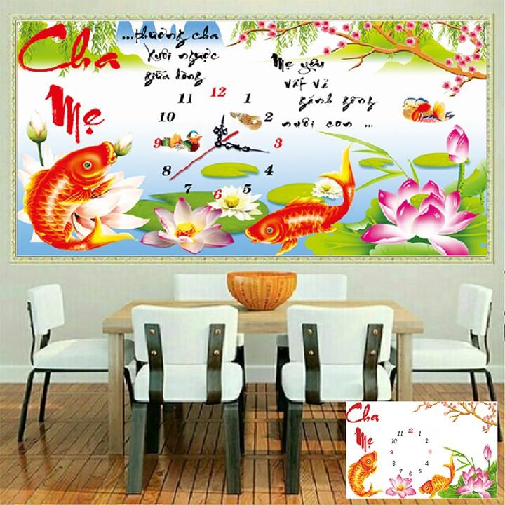 Tranh đá cha mẹ cá hoa sen đồng hồ VS071 - kích thước: 82 * 50cm.