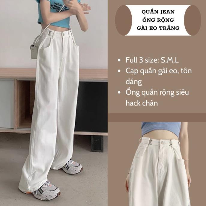 Quần Jean Ống Rộng GÀI EO Nữ Màu Trắng Kem Ulzzang Unisex mặc lên cực tôn dáng