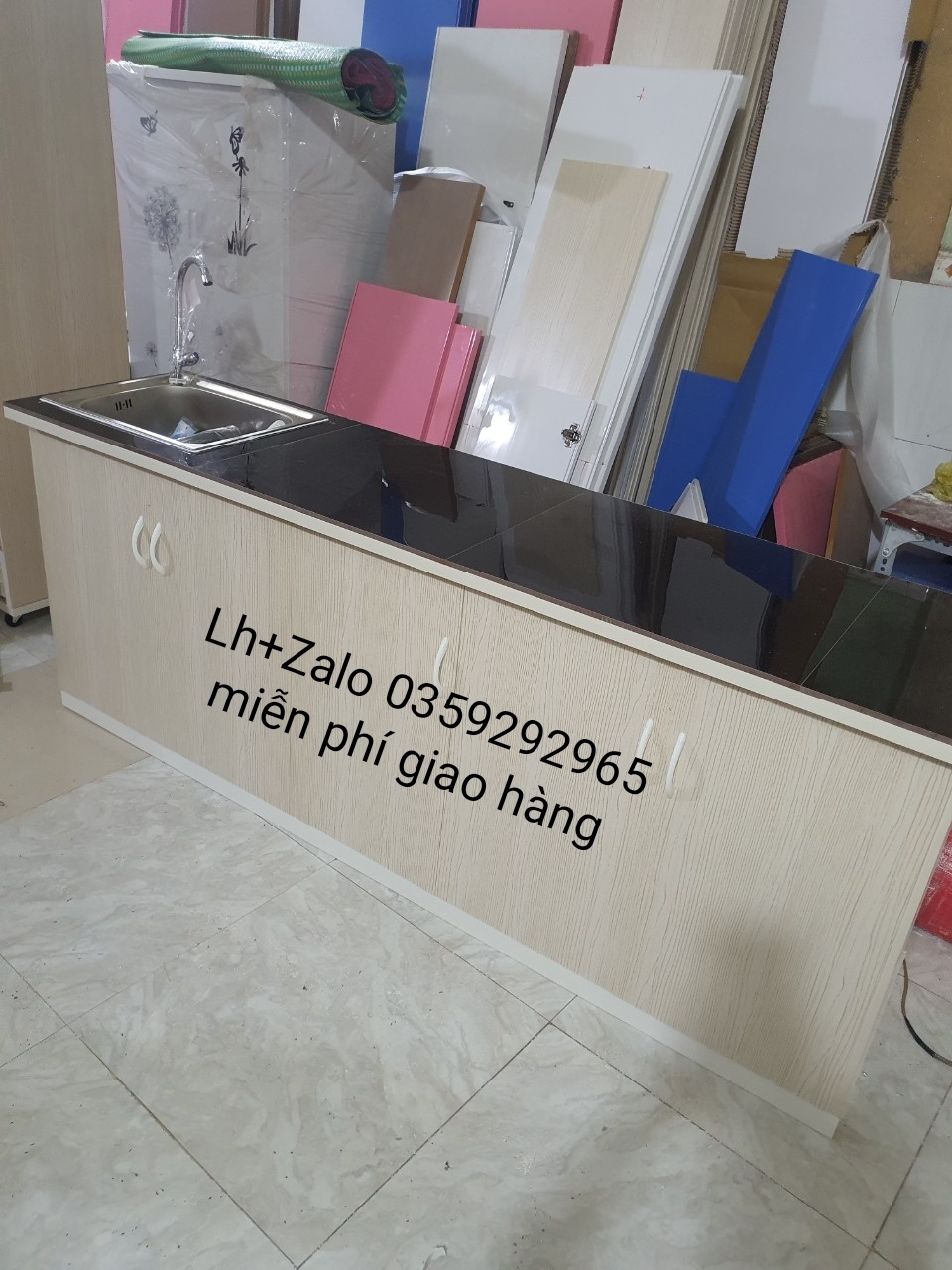 Tủ bếp nhựa đài Loan mặt gạch có chậu