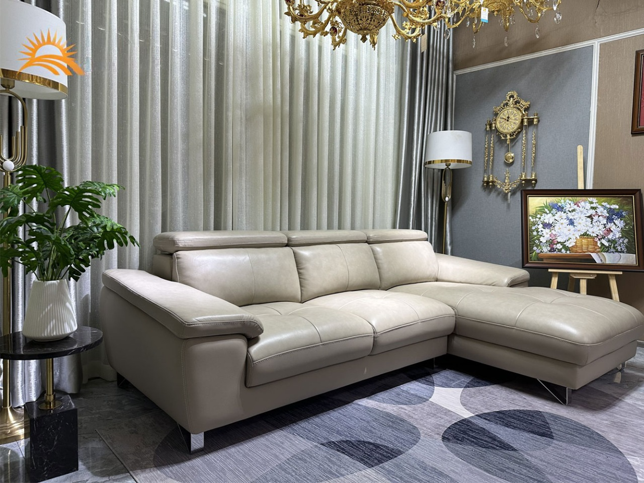 Sofa góc L da bò Italy Juno sofa màu kem – SFLCT10 2m6 x 1m6  hàng cao cấp chuẩn da bò nhập khẩu Ý