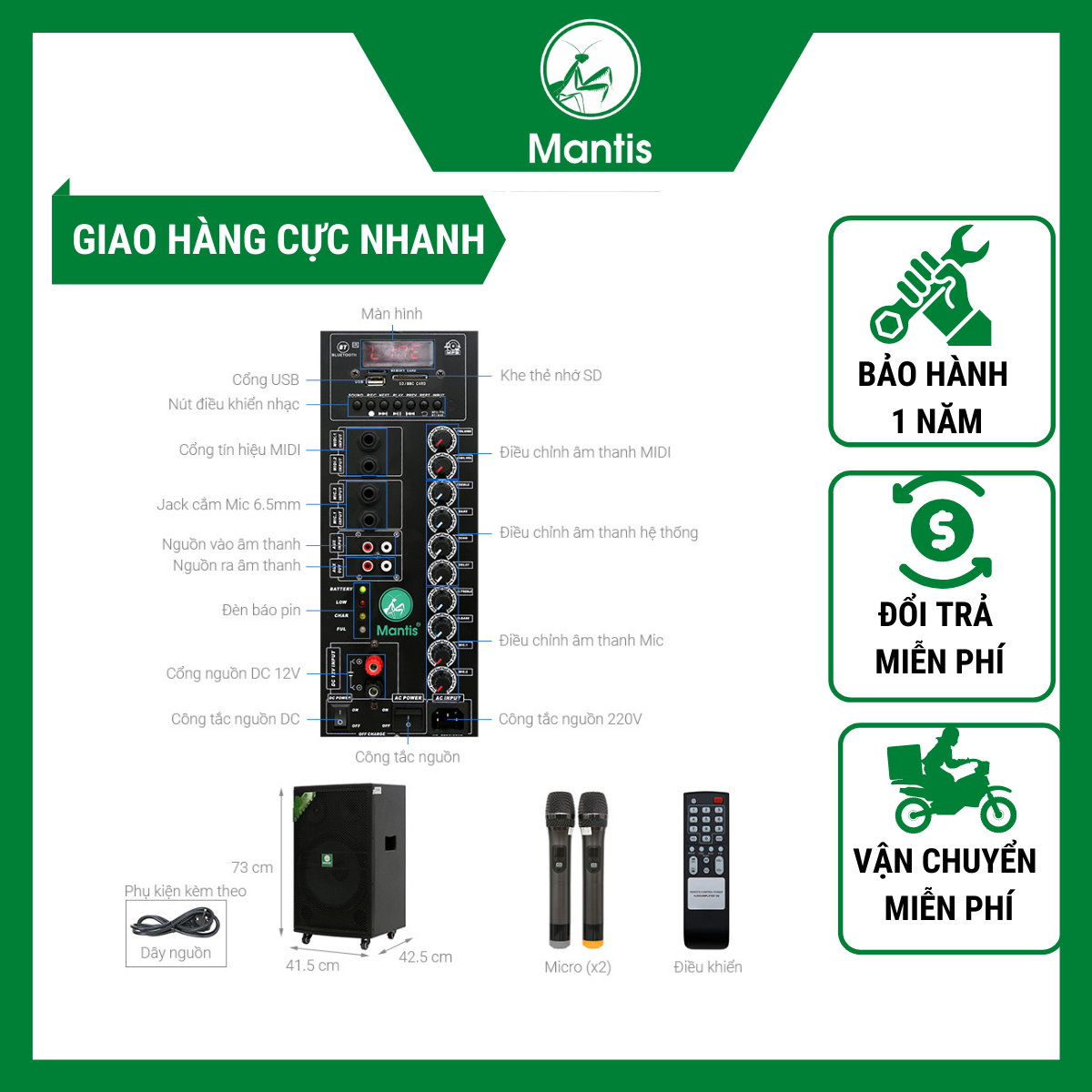 Loa kéo/karaoke di động Mantis MT15-ST1A công suất lớn 600W bảo hành toàn quốc 3 way 4 tấc