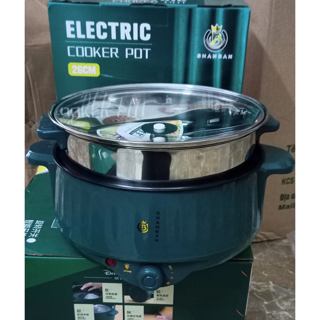 Nồi lẩu điện đa năng 28cm, Ceramic vân đá chống dính công suất 1000W tiện dụng 3 nấc nhiệt - Tặng Xửng Inox D Danido