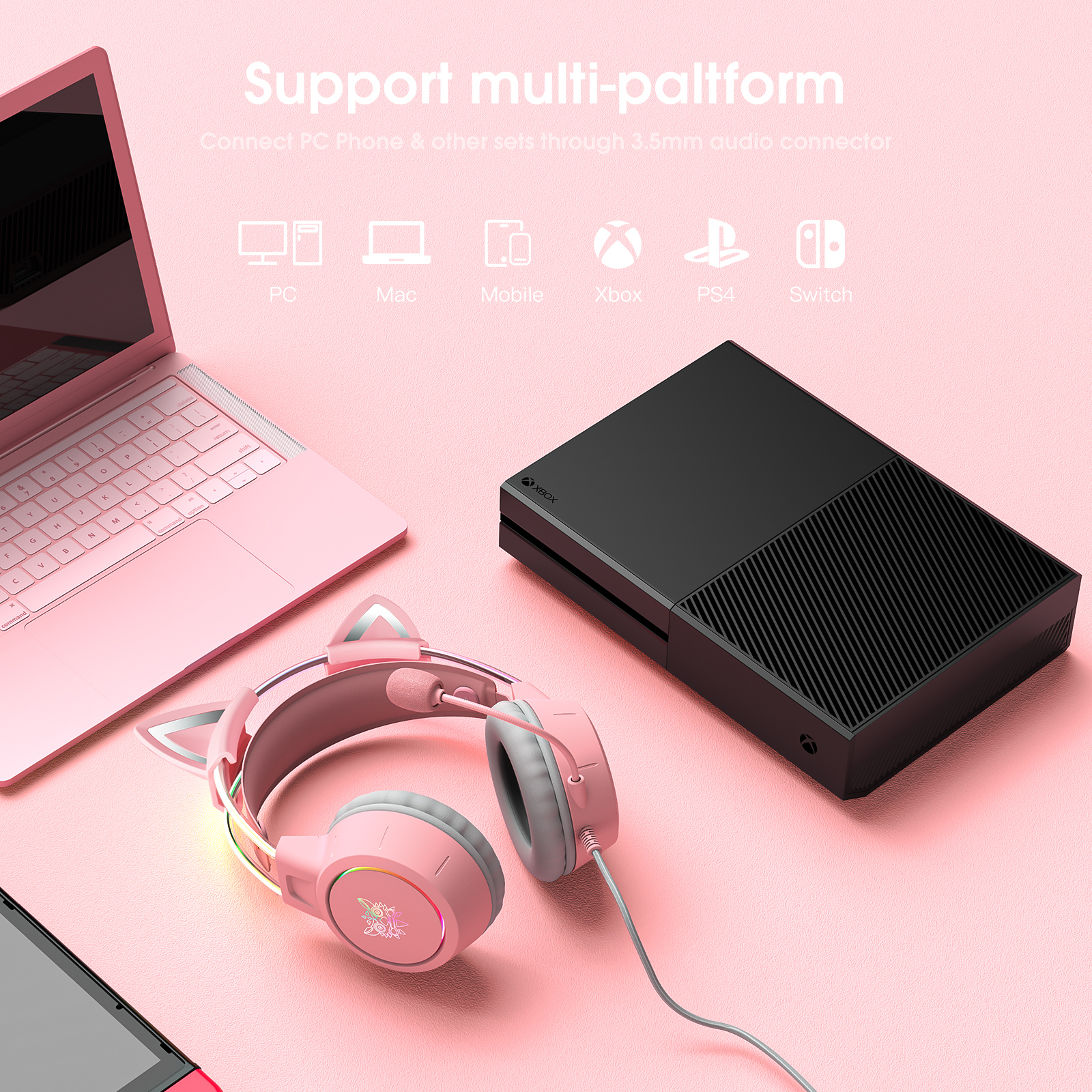 Tai Nghe Chơi Game Onikuma X15 Pro - Hồng/Đen/Hồng Tai Mèo - Hàng Chính Hãng