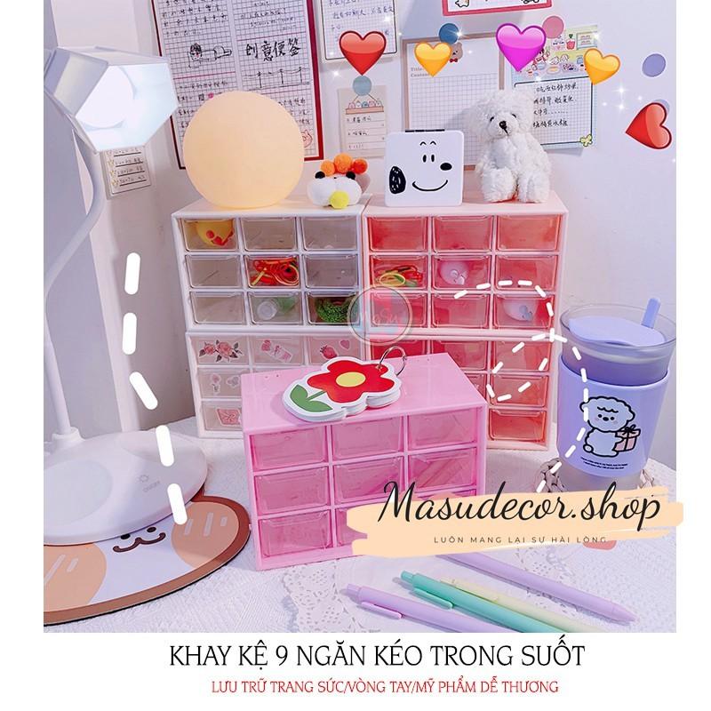 Hộp 9 ngăn kéo,kệ 9 ô mini chống bụi lưu trữ để bàn văn phòng phẩm trang sức/vòng tay/mỹ phẩm dễ thương Hàn Quốc