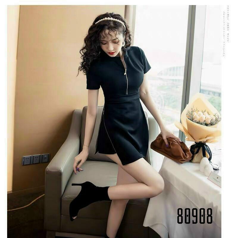 Set bộ nữ văn phòng,đồ mặc nhà dạo phố màu đen khóa kéo cách điệu