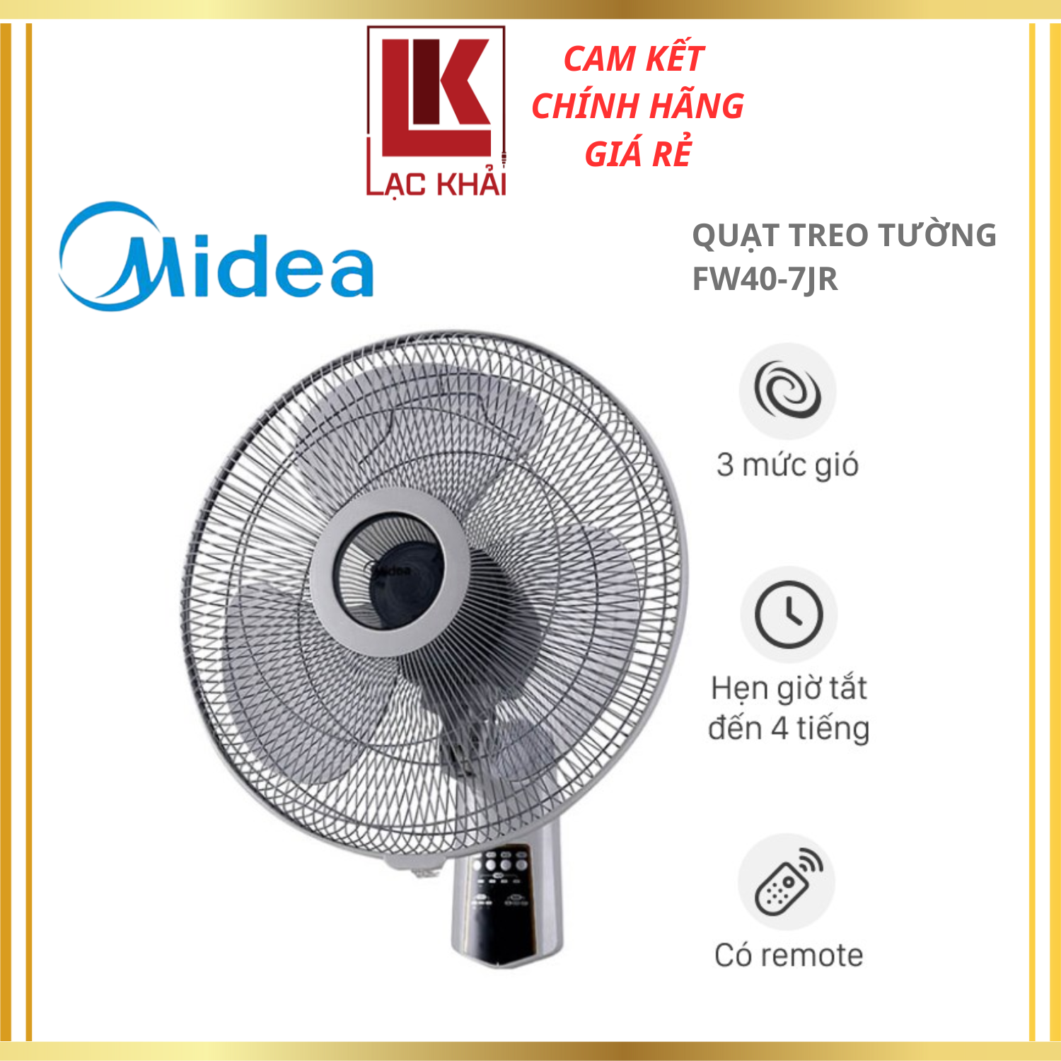 Quạt Treo Tường 3 Cánh Midea FW40-7JR, Công Suất 55W, Có remote - 3 Chế Độ Gió, Chức năng hẹn giờ - Hàng chính hãng - Bảo hành 12 tháng